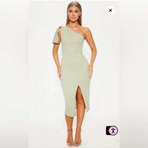 Sage Green One Shoulder Bow Detail Midi Dress